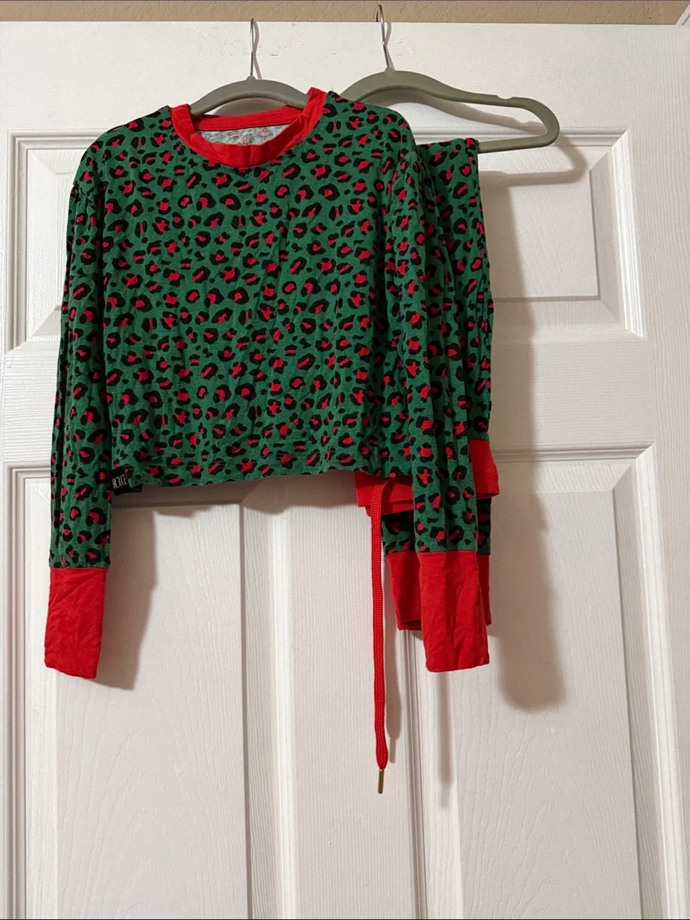 Green & Red Leopard Print Kids Pajama Pants with Red Cuffs